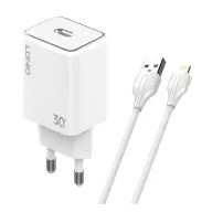   LDNIO A1508C hálózati töltő Type-C aljzat 30W, PD gyorstöltő + lightning kábel, FEHÉR