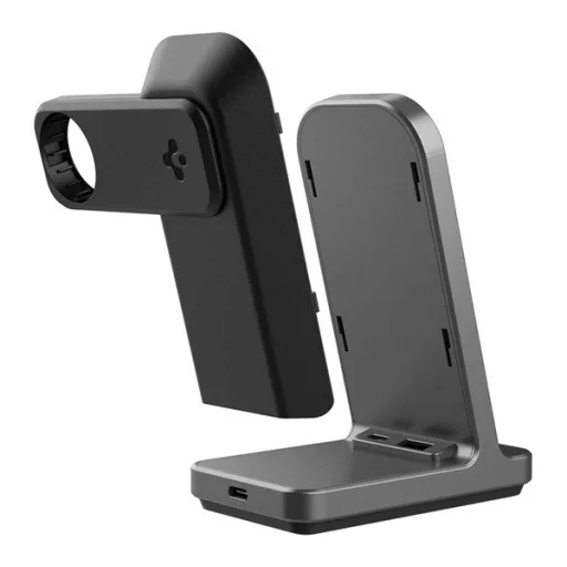 Apple Watch Series 11 42mm SPIGEN ONETAP PRO3 asztali töltőállvány 3in1 15W, Apple Watch töltő, FEKETE