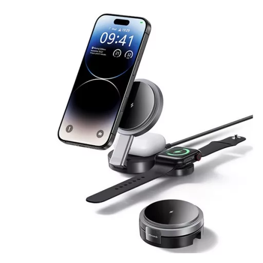 Apple Watch Ultra 3 49mm / Series 11 46mm / Series 11 42mm USAMS asztali töltő 3in1 15W, Apple Watch töltő, FEKETE