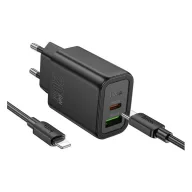   HOCO N61 hálózati töltő USB+Type-C aljzat 20W, PD gyorstöltő 3.0 + lightning kábel, FEKETE