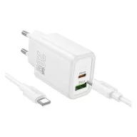   HOCO N61 hálózati töltő USB+Type-C aljzat 20W, PD gyorstöltő 3.0 + Type-C kábel, FEHÉR