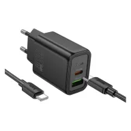   HOCO N63 hálózati töltő USB+Type-C aljzat 30W, PD gyorstöltő 3.0 + Type-C kábel, FEKETE