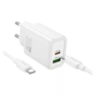   HOCO N63 hálózati töltő USB+Type-C aljzat 30W, PD gyorstöltő 3.0 + Type-C kábel, FEHÉR