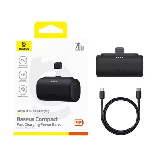 BASEUS COMPACT vésztöltő Type-C aljzat 5000mAh, Type-C csatlakozó + Type-C kábel, FEKETE