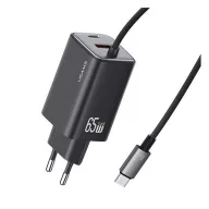   USAMS JC hálózati töltő Type-C aljzat 65W, GaN + fix Type-C kábel, FEKETE