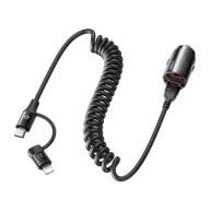   REMAX RUICHY autós töltő USB aljzat 45W, PD gyorstöltő + fix spirál Type-C - lightning kábel, FEKETE