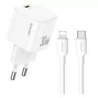   USAMS JO hálózati töltő Type-C aljzat 30W, PD gyorstöltő + lightning kábel, FEHÉR