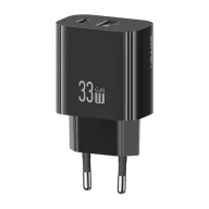   USAMS T65 hálózati töltő USB+Type-C aljzat 33W, PD gyorstöltő, FEKETE