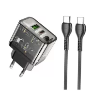   HOCO N34 hálózati töltő USB+Type-C aljzat 20W, PD gyorstöltő 3.0 + Type-C kábel, ÁTLÁTSZÓ