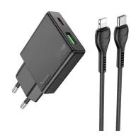   HOCO N38 hálózati töltő USB+Type-C aljzat 20W, vékony + lightning kábel, FEKETE