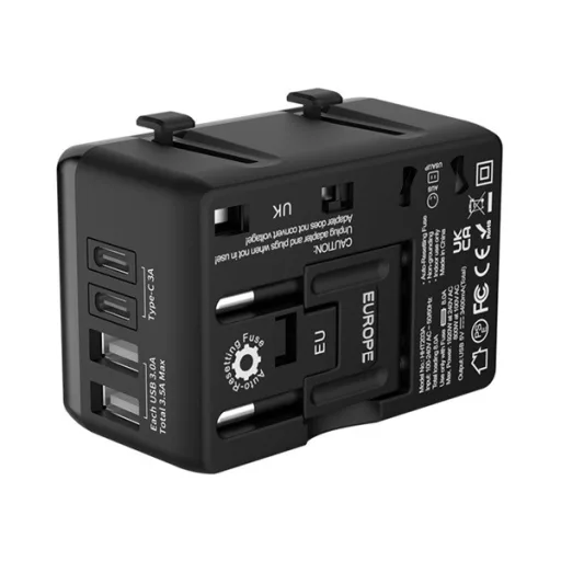 BLITZWOLF BW-TA1 utazó töltő 2 USB+2 Type-C aljzat 20W, AU, FEKETE