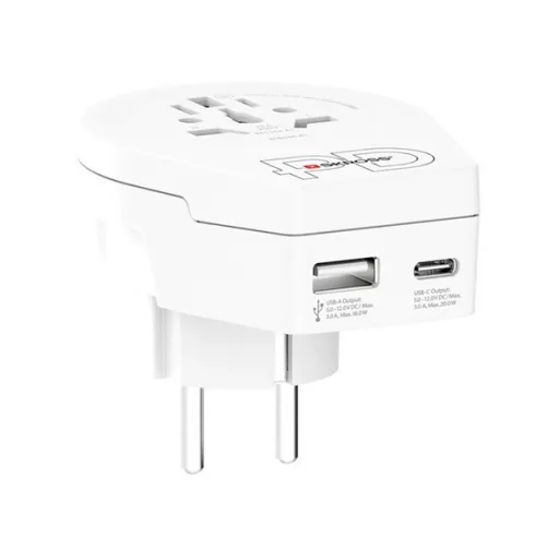 SKROSS utazó töltő USB+Type-C aljzat 250V/2.4A, földelt, FEHÉR