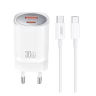   XO CE21 hálózati töltő USB+Type-C aljzat 30W, PD gyorstöltő 3.0 + Type-C kábel, FEHÉR