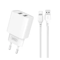  XO CE02C hálózati töltő 2 USB aljzat 10.5W, gyorstöltő + Type-C kábel, FEHÉR