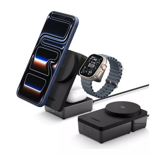 iPhone 17e / 17 Pro Max / 17 Pro SPIGEN ESSENTIAL EF323MQ asztali töltő 3in1 25W, Apple Watch töltő, FEKETE