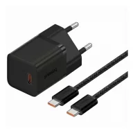   BASEUS GaN5 MINI 1C hálózati töltő Type-C aljzat (30W, PD gyorstöltő, GaN5 + Type-C kábel) FEKETE