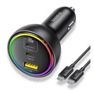   BASEUS autós töltő 2 Type-C+USB aljzat 152.5W, LED fény + csévélhető lapos Type-C kábel, FEKETE