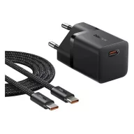   BASEUS GaN5 MINI hálózati töltő Type-C aljzat 25W, GaN5 + Type-C kábel, FEKETE