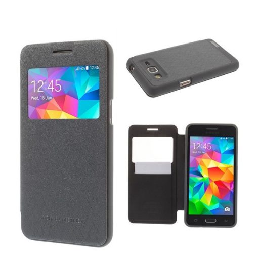 Samsung Grand Prime 2015 / Grand Prime MERCURY Wow tok álló, bőr hatású FLIP, textil minta, SZÜRKE