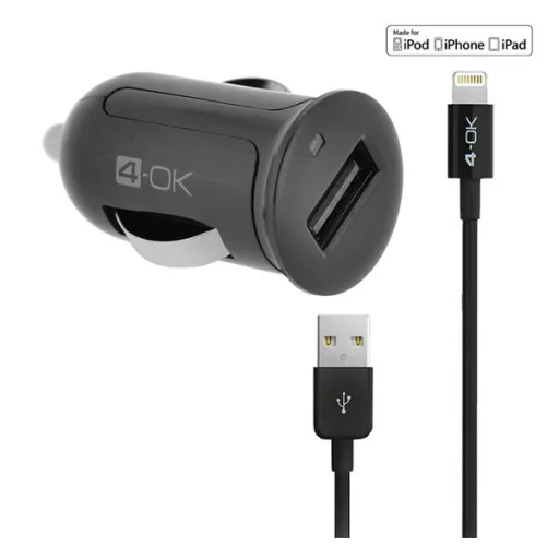 4-OK autós töltő USB aljzat 12W, IPCMB5 utód + lightning kábel, FEKETE