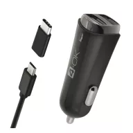   4-OK autós töltő 2 USB aljzat 17W + Type-C adapter + microUSB kábel FEKETE