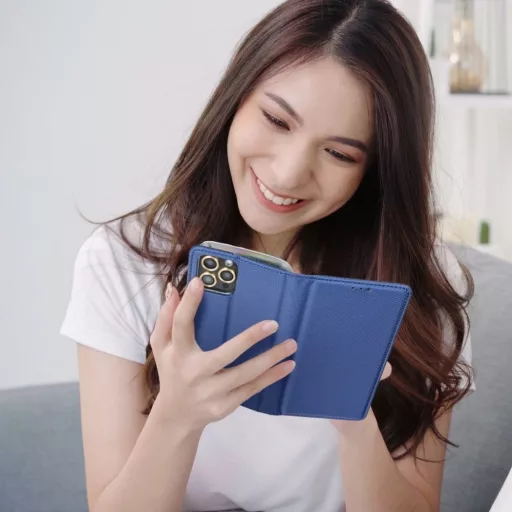 Smart flip Telefontok, mágneses flip zár, oldalra nyíló, bőr hatású - Samsung Galaxy A32 5G, Tengerkék