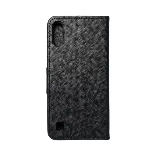 Oldalra nyíló flipes telefontok, kellemes bőr hatású, bankkártya zseb, kitámasztható - Samsung Galaxy A01, Fekete