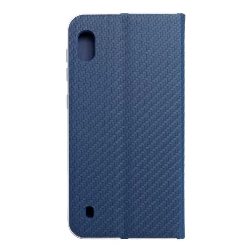 Luna Carbon elegáns karbon mintás flipes oldalra nyíló telefontok, alumínium élekkel - Samsung Galaxy A10, kék
