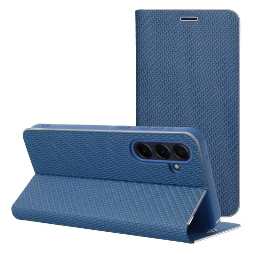 Luna Carbon elegáns karbon mintás flipes oldalra nyíló telefontok, alumínium élekkel - Samsung Galaxy A10, kék