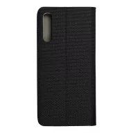   Sensitive dekoratív oldalra nyíló flip textil hatású telefontok bankkártyatartó zsebbel - Samsung Galaxy A50, Fekete