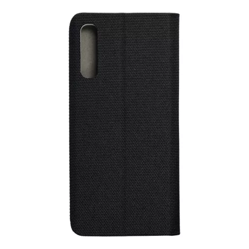 Sensitive dekoratív oldalra nyíló flip textil hatású telefontok bankkártyatartó zsebbel - Samsung Galaxy A50, Fekete