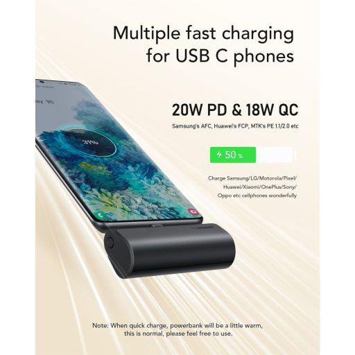 VEGER powerbank 5000 mAh beépített csatlakozóval Type C PD QC3.0 3A 20W PlugOn (W0556) fekete