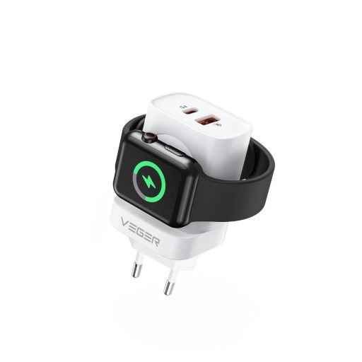 VEGER utazási töltő USB A + Type C + vezeték nélküli töltő kompatibilis Apple Watch PD QC3.0 3A 25W W002E fehér
