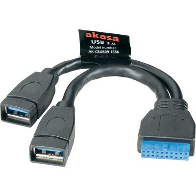 USB 3.0 adapter kábel, 19 pólusú, 2 x USB A aljzat, 15 cm, Akasa AK-CBUB09-15BK