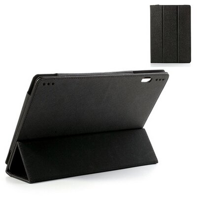 Tablet védőtok álló, bőr (FLIP, oldalra nyíló, TRIFOLD asztali tartó funkció, textilmintás) FEKETE [Lenovo IdeaTab S6000, Vodafone Smart Tab 3 10 ]