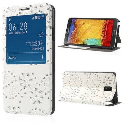 Telefontok álló, bőr (FLIP, oldalra nyíló, asztali tartó funkció, hívószámkijelzés, S-View Cover, virágmintás, strasszkő) Fehér [Samsung Galaxy Note 3 (SM-N9000), Samsung Galaxy Note 3 LTE (SM-N9005)]