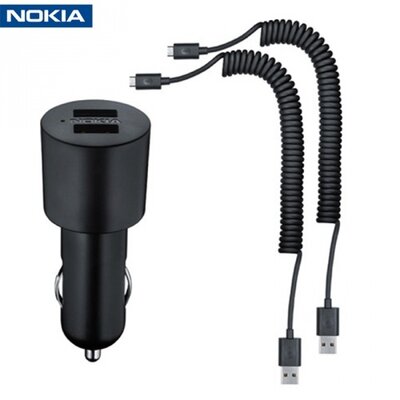 Nokia DC-20_NEW Szivargyújtó töltő/autós töltő 2 x USB aljzat (5v / 1000mA, 2 db microUSB adat/töltőkábel) FEKETE