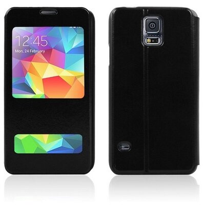 Telefontok álló, bőr hatású (flip, oldalra nyíló, asztali tartó funkció, hívószámkijelzés) Fekete [Samsung Galaxy S5 (SM-G900)]