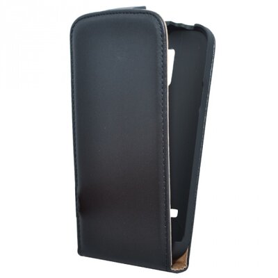 Telefontok álló, bőr hatású (flip, lefelé nyíló, szilikon tartó) Fekete [Samsung Galaxy S5 mini (SM-G800)]