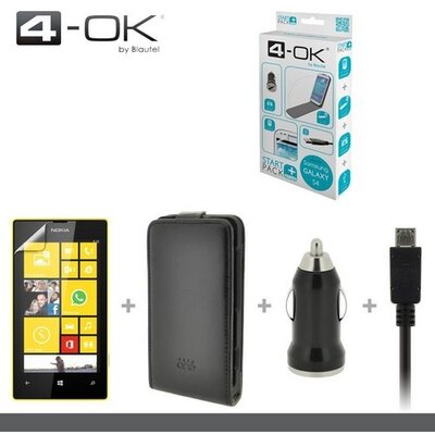 Blautel STN52N 4-OK kezdőcsomag (Kijelzővédő fólia, flip tok, szivartöltő adapter, USB aljzat, microUSB kábel) FEKETE [Nokia Lumia 520]