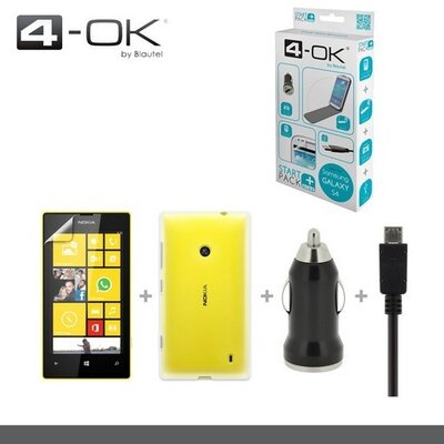 Blautel STNK52 4-OK Kezdőcsomag (Kijelzővédő fólia, hátlapvédő telefontok gumi / szilikon ÁTLÁTSZÓ, szivartöltő adapter, microUSB kábel) FEKETE [Nokia Lumia 520]