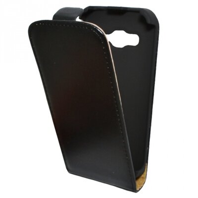 Telefontok álló, bőr hatású (flip, lefelé nyíló, szilikon tartó) Fekete [Samsung Galaxy Core LTE (SM-G386F)]