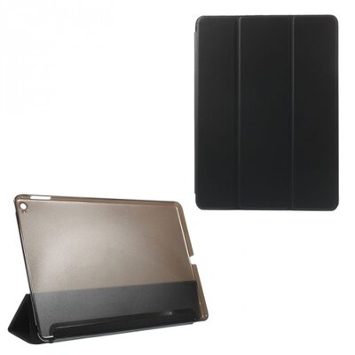 Műanyag Tablet védőtok (FLIP, átlátszó hátlap, oldalra nyíló, TRIFOLD asztali tartó funkció) FEKETE [Apple IPAD Air 2]