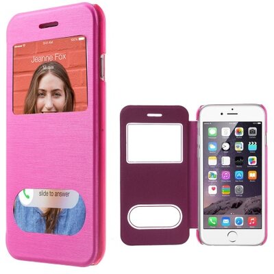 Műanyag telefontok (bőr flip, oldalra nyíló, átlátszó hátlap, hívásfelvételhez kivágás, S-View Cover) Magenta [Apple iPhone 6 4.7", iPhone 6S 4.7"]