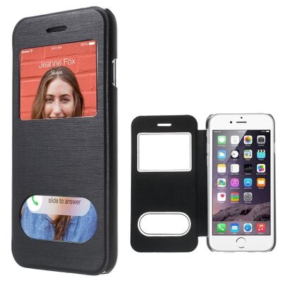 Műanyag telefontok (bőr flip, oldalra nyíló, átlátszó hátlap, hívásfelvételhez kivágás, S-View Cover) Fekete [Apple iPhone 6 4.7", iPhone 6S 4.7"]