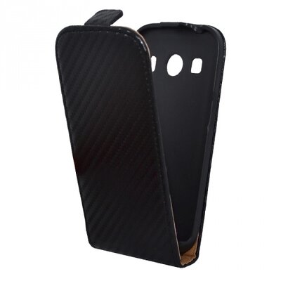 Telefontok álló, bőr hatású (flip, lefelé nyíló, karbon minta) Fekete [Samsung Galaxy Ace 4 LTE (SM-G357FZ)]