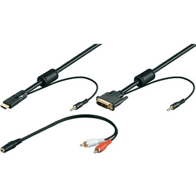 DVI HDMI jack átalakító kábel [DVI 18+1pólusú, jack dugó 3.5 mm - 1x HDMI dugó, jack dugó 3.5 mm] 3m Goobay 993214