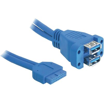 USB kábel 1 x USB 3.0 aljzat (belső 19 pól.) - 2 x USB 3.0 aljzat A, 0,45 m, kék Delock