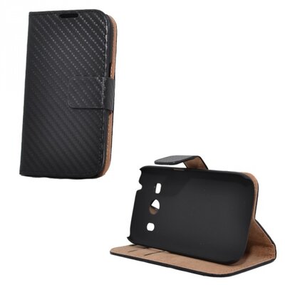 Telefontok álló, bőr hatású (flip, oldalra nyíló, asztali tartó funkció, karbon minta) Fekete [Samsung Galaxy Ace 4 LTE (SM-G357FZ)]