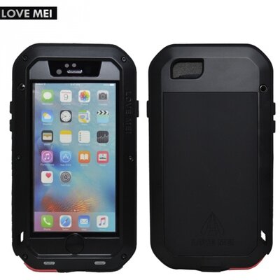 Love mei LOVE MEI Powerful defender elő- és hátlapvédő telefontok, gumi (ütésálló, Gorilla Glass üveg, fém keret) Fekete [Apple iPhone 6 4.7", iPhone 6S 4.7"]